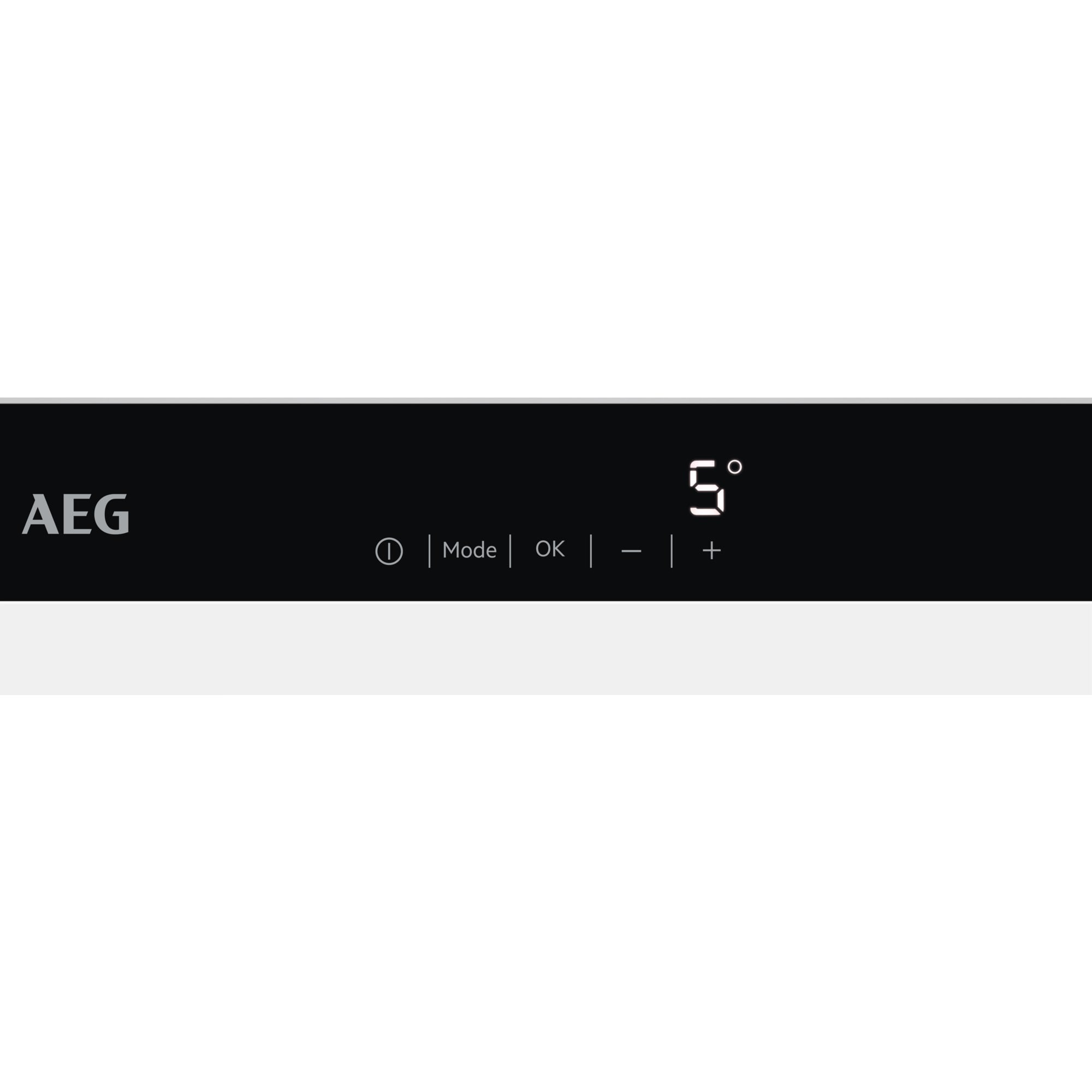 AEG-Gerätebedienfeld zeigt die Zahl 5 mit Modus-, OK- und Plus/Minus-Tasten an.