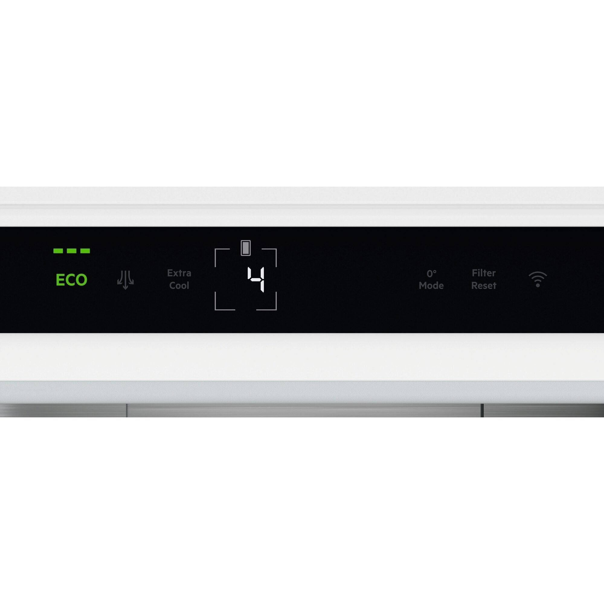 Ein Kühlschrank-Bedienfeld zeigt 'ECO', 'Extra Cool', die Zahl '4', '0° Mode', 'Filter Reset' und ein Wi-Fi-Symbol.