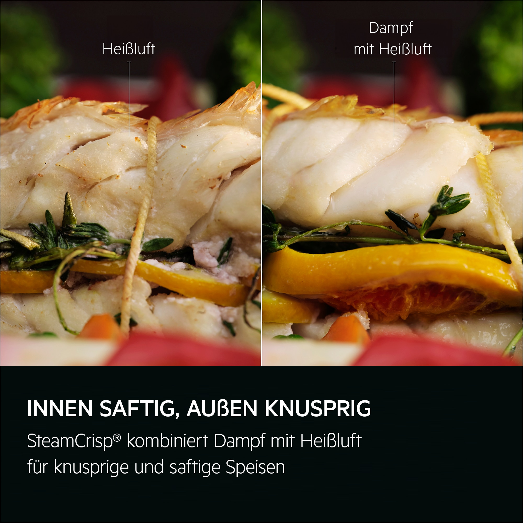 Zwei Hälften von gekochtem Fisch mit Zitronenscheiben und Kräutern. Text: 'SteamCrisp kombiniert Dampf mit Heißluft für knusprige Gerichte.'