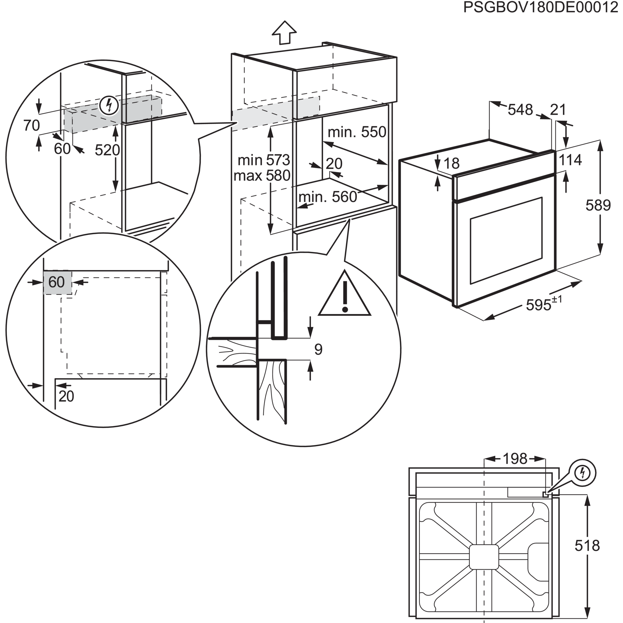 Diagramm eines Einbauofens mit Maßen und elektrischen Anschlussdetails. Enthält Nahaufnahmen und Warnhinweise.