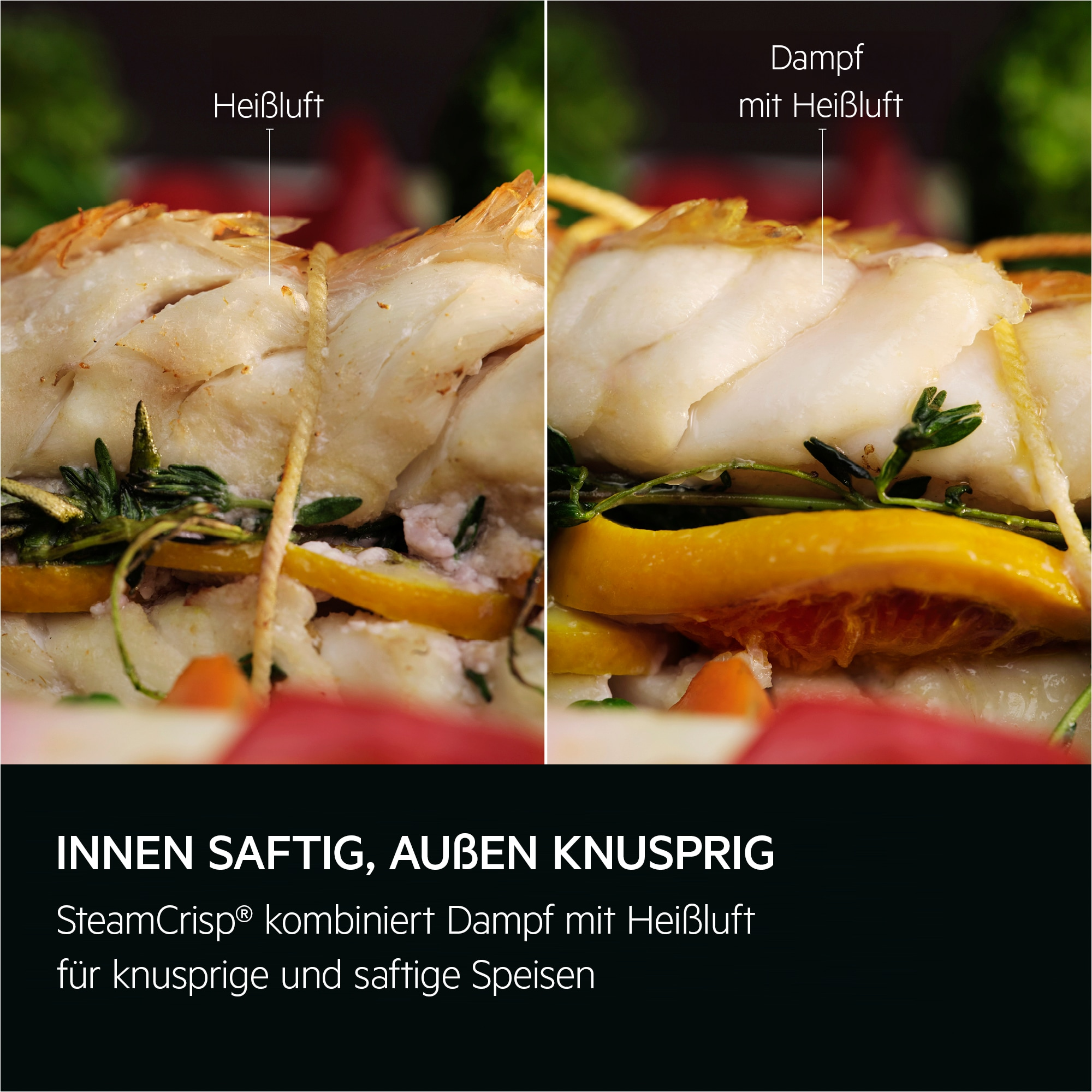 Zwei Bilder nebeneinander von gekochtem Essen. Links Essen mit Etikett, rechts ein anderes. Beide haben Kräuter und Zitrone.