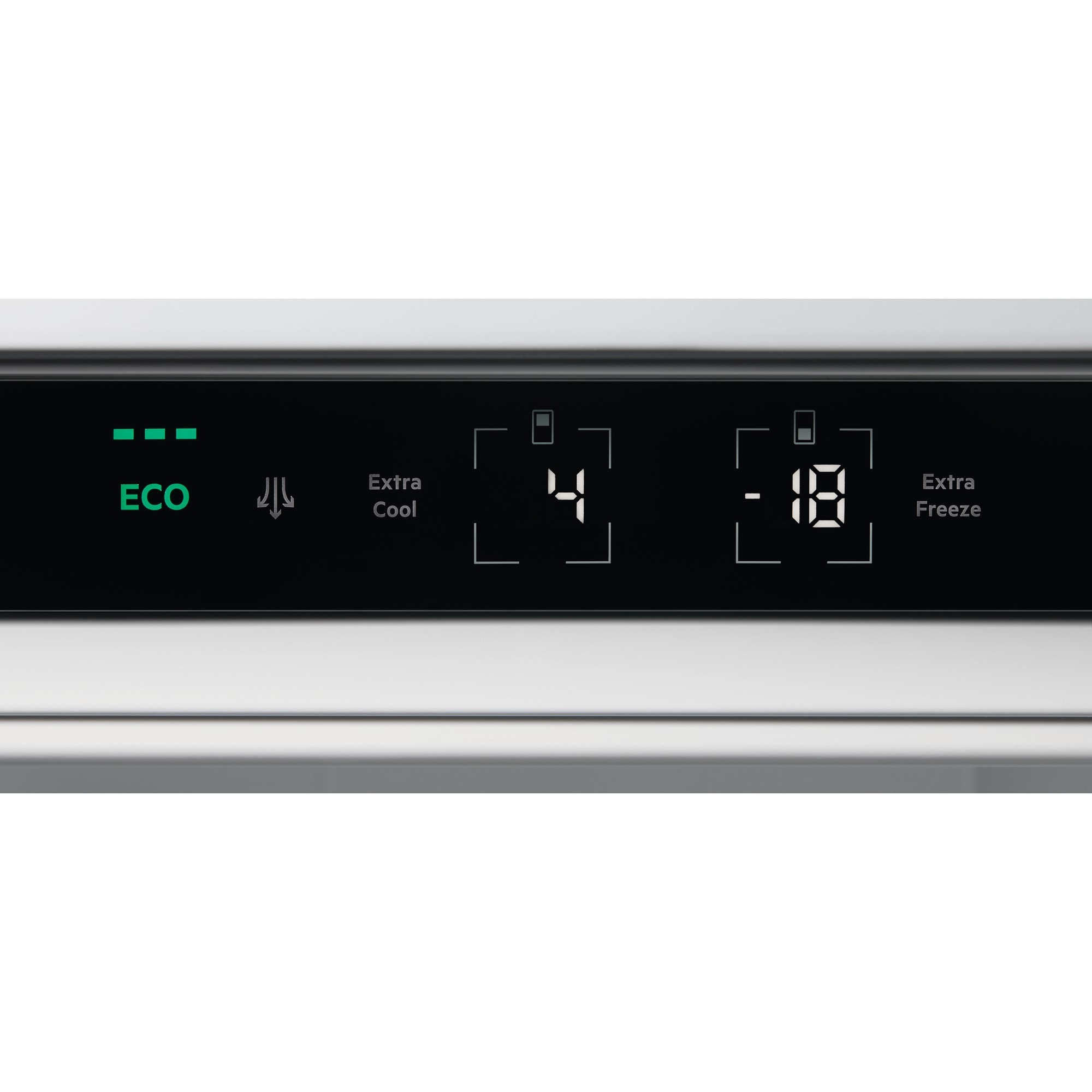 Kühlschrank-Bedienfeld. Zeigt den ECO-Modus und Temperatureinstellungen an. Zeigt 4 Grad und -18 Grad.