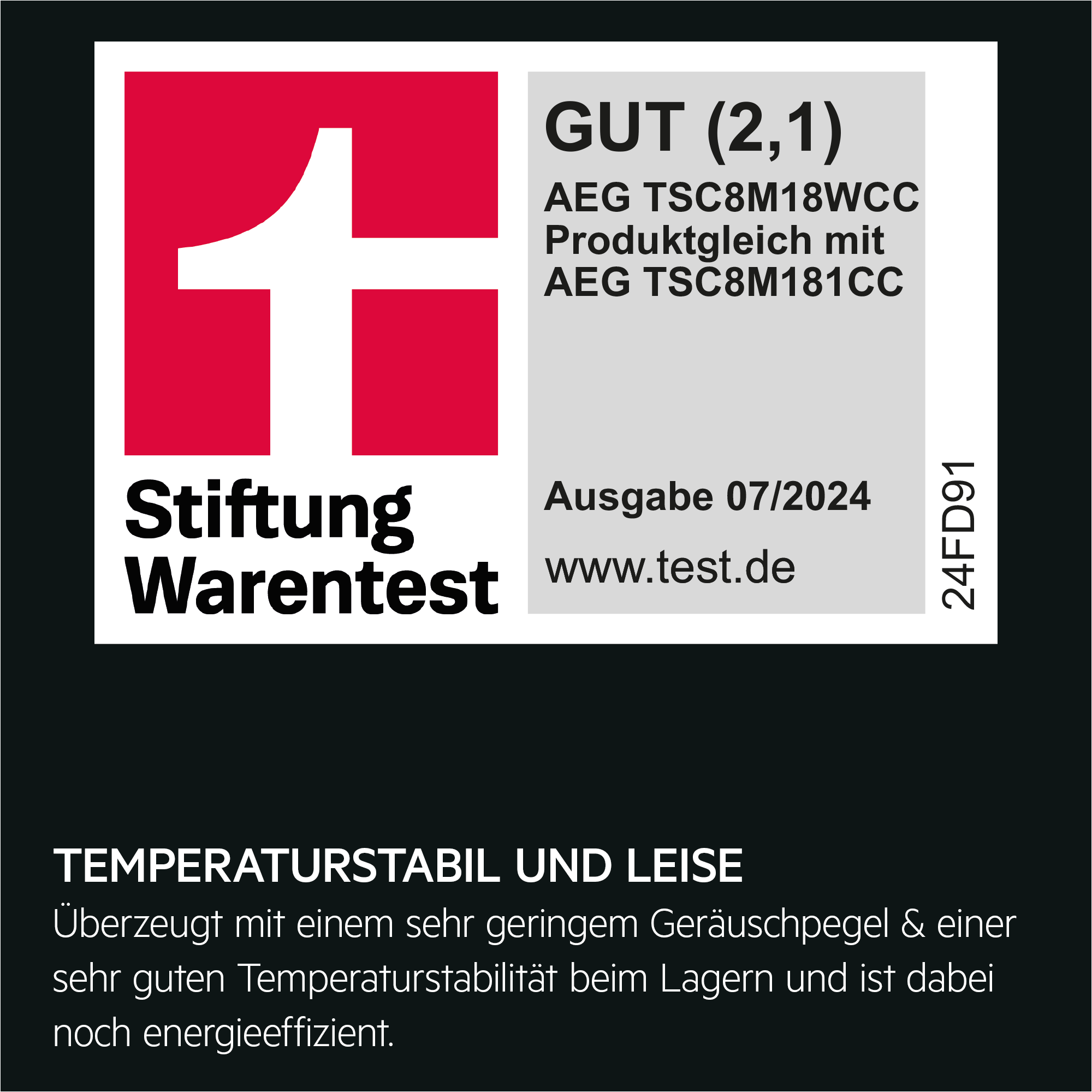 Das Bild zeigt ein rot-weißes Logo mit deutschem Text über einen Produkttest und seine Eigenschaften.