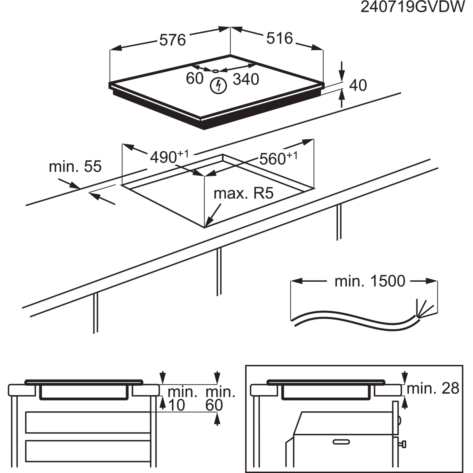 Diagramm mit den Abmessungen eines Einbaukochfelds. Enthält Messungen wie 576, 516, 340, 490, 560 und 40.