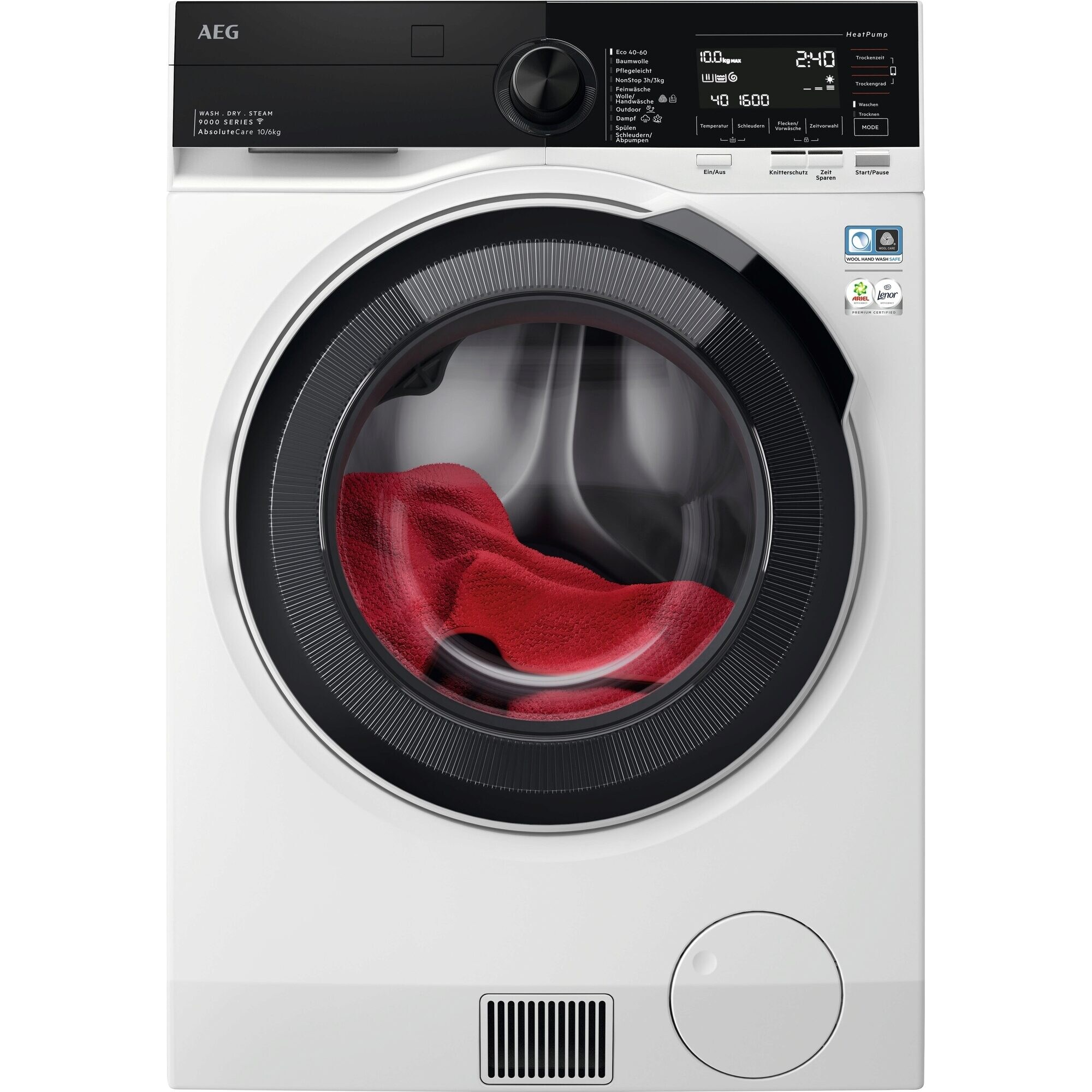 Eine weiße AEG-Waschmaschine mit schwarzem Bedienfeld. Ein rotes Tuch ist in der Glastür sichtbar.