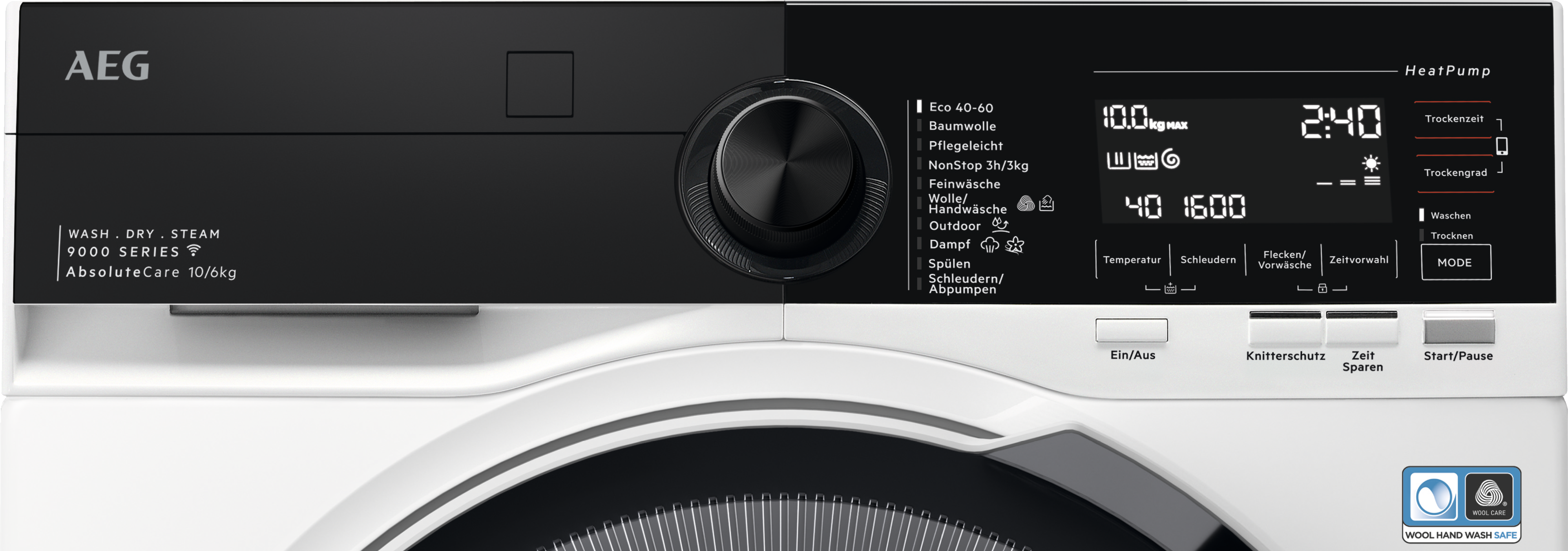 AEG Waschmaschine mit schwarz-weißem Design. Sie hat ein digitales Display und verschiedene Tasten für verschiedene Waschzyklen.