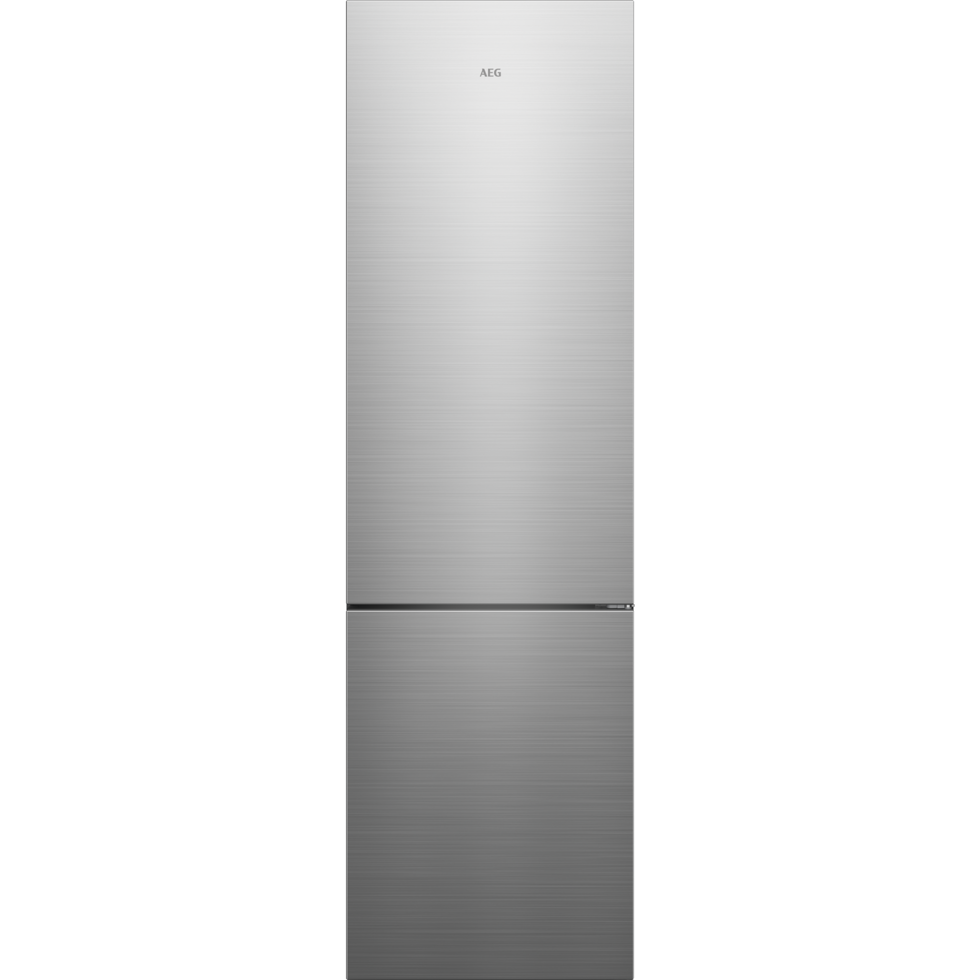 Ein silberner AEG-Kühlschrank. Der obere Teil hat das AEG-Logo. Der untere Teil ist ein Gefrierschrank. Schwarzer Hintergrund.
