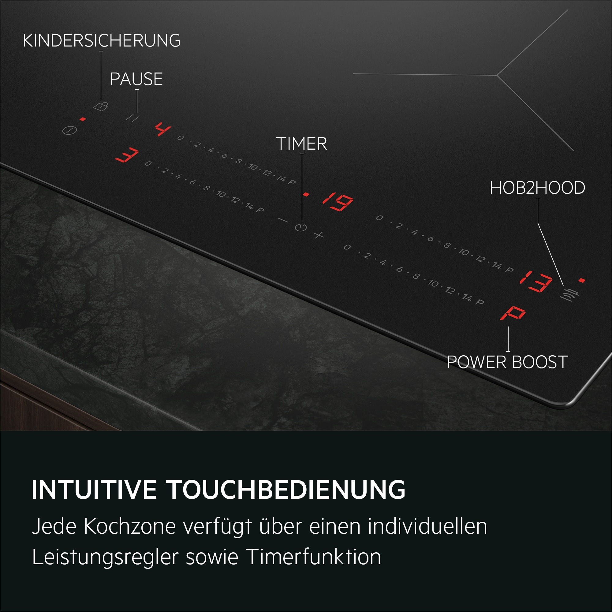 Schwarzes Kochfeld mit Touch-Bedienelementen, einschließlich Timern, Power-Boost und Sicherheitsverriegelung.