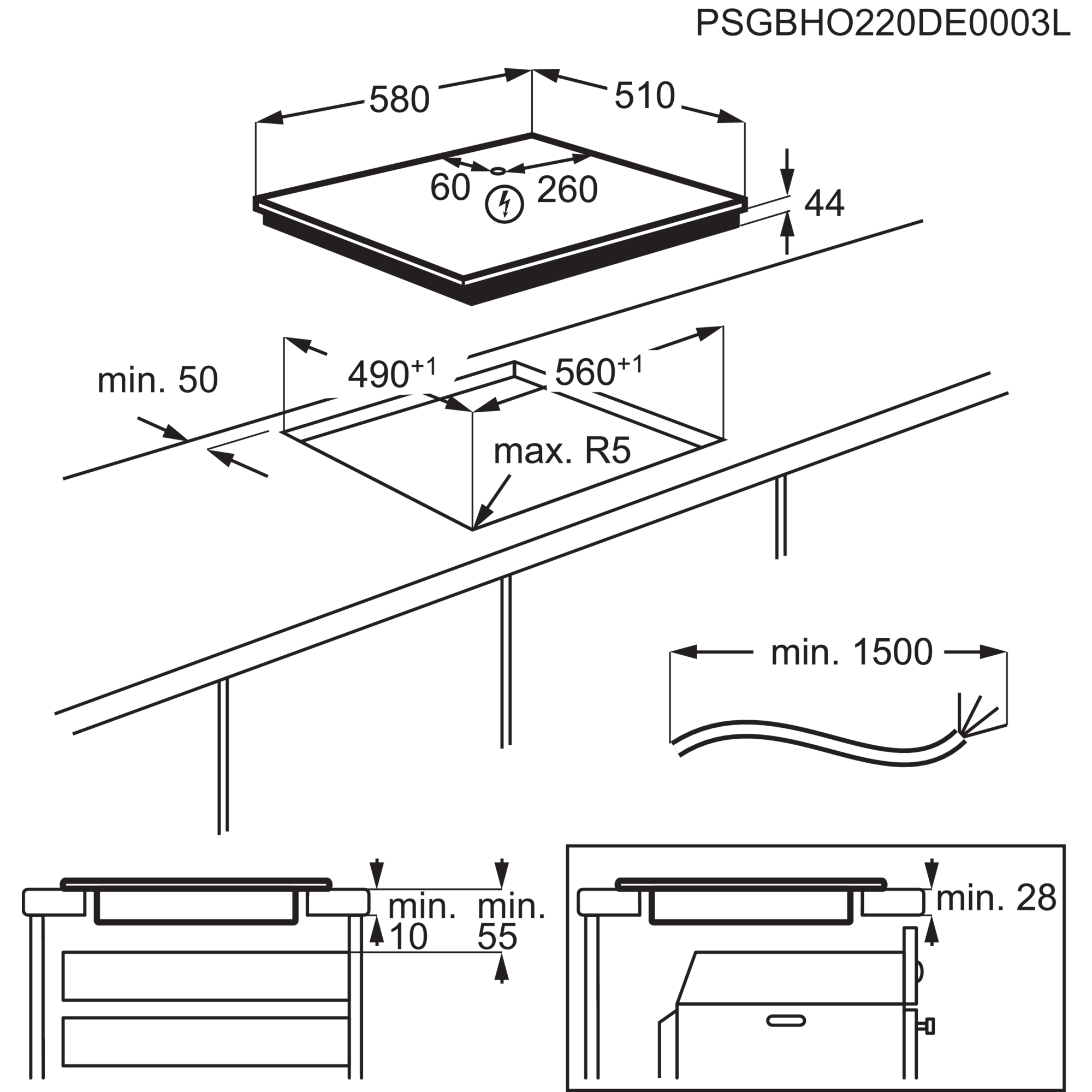 Diagramm mit Abmessungen eines Kochfelds. In mm: 580, 510, 60, 260, 44, 490+1, 560+1, min 50, min 1500, min 28, min 10, min 55.