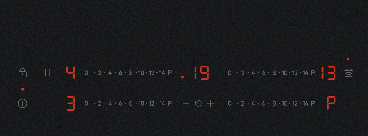 Eine schwarze Oberfläche mit roten digitalen Zahlen und Symbolen. Anzeigen zeigen Zahlen wie 4, 3, 19 und 13.