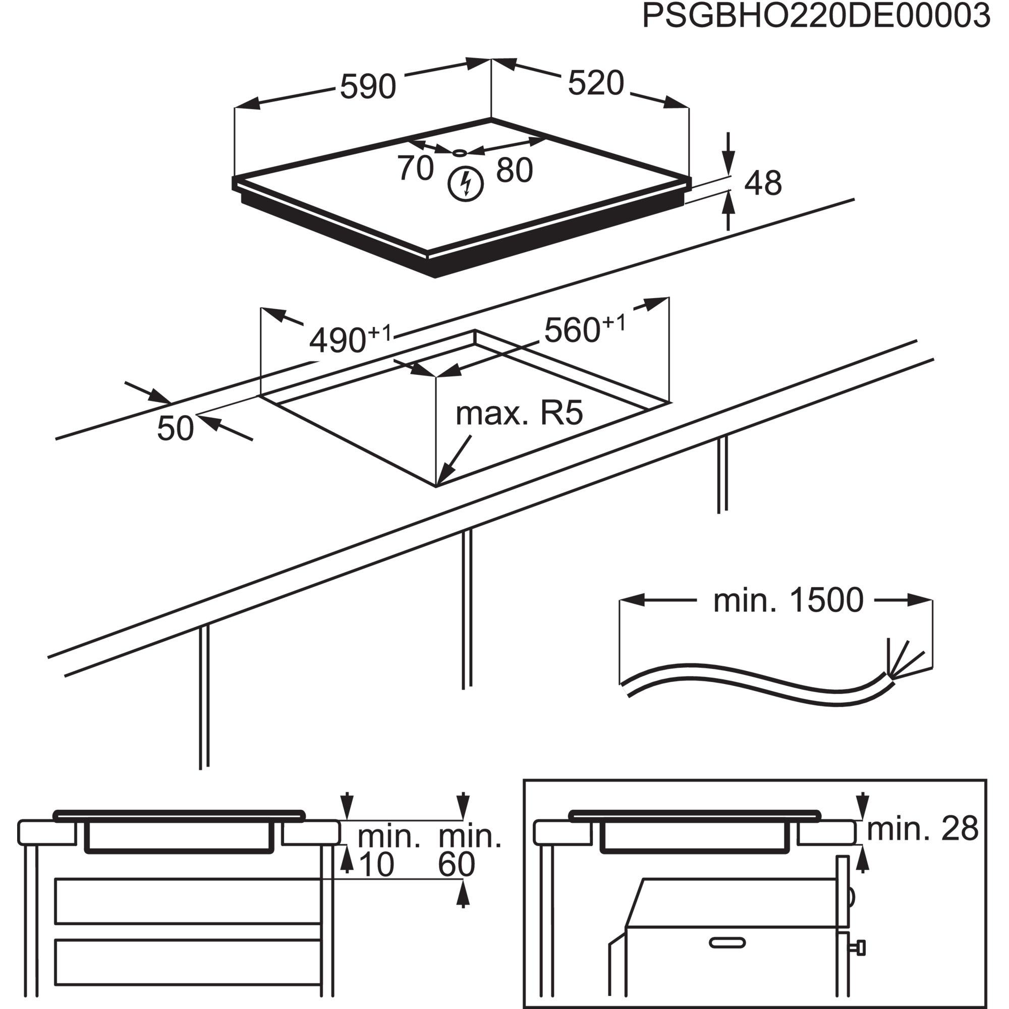 Diagramm eines Kochfelds mit Maßangaben in Millimetern. Es enthält eine Draufsicht und Seitenprofile mit Installationsmaßen.