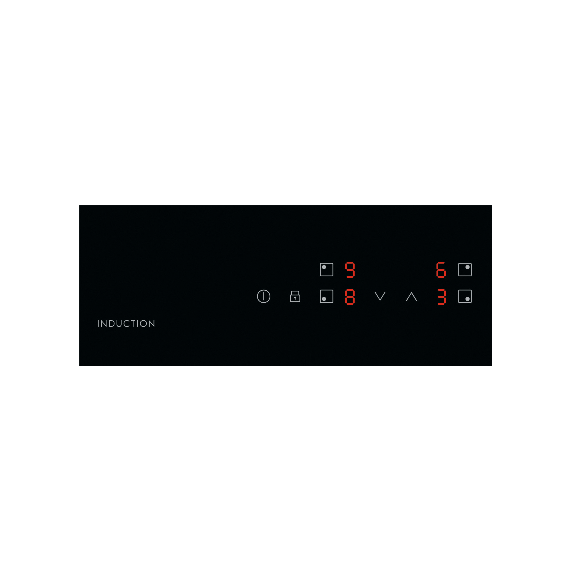 Schwarzes Induktionskochfeld mit roter Digitalanzeige mit den Zahlen 9, 8, 6 und 3. Symbole für Schloss und Strom.
