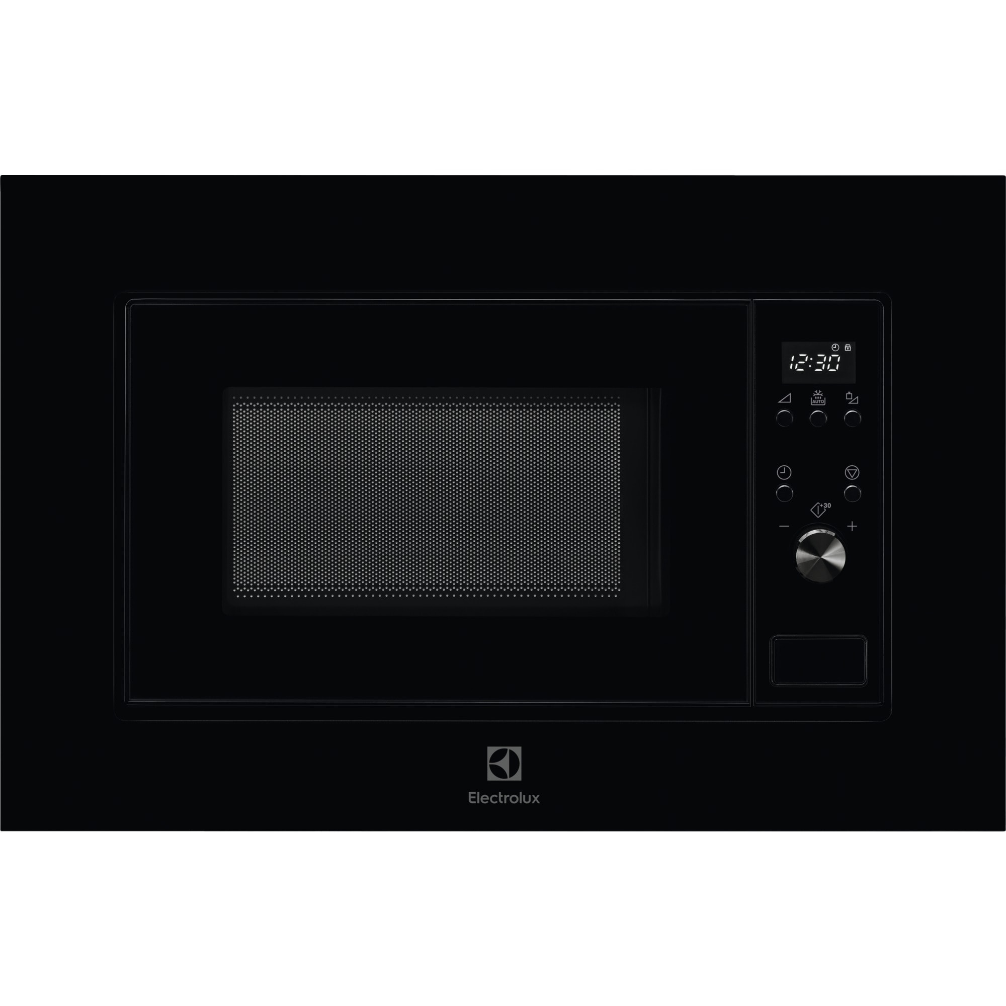 Czarna kuchenka mikrofalowa Electrolux. Posiada cyfrowy wyświetlacz zegara. Panel sterowania znajduje się po prawej stronie.