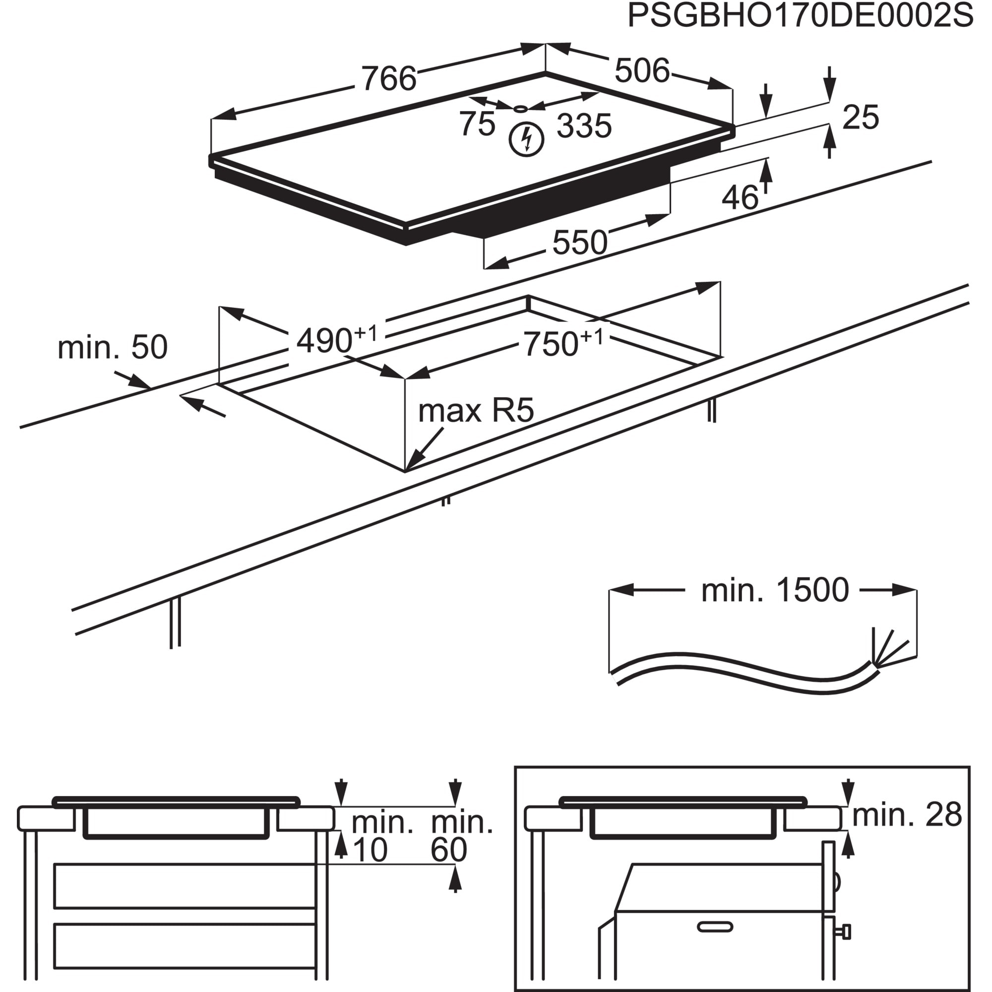 Diagramm eines schwarzen Kochfelds mit Abmessungen und technischen Daten, einschließlich Maßen und elektrischen Details.