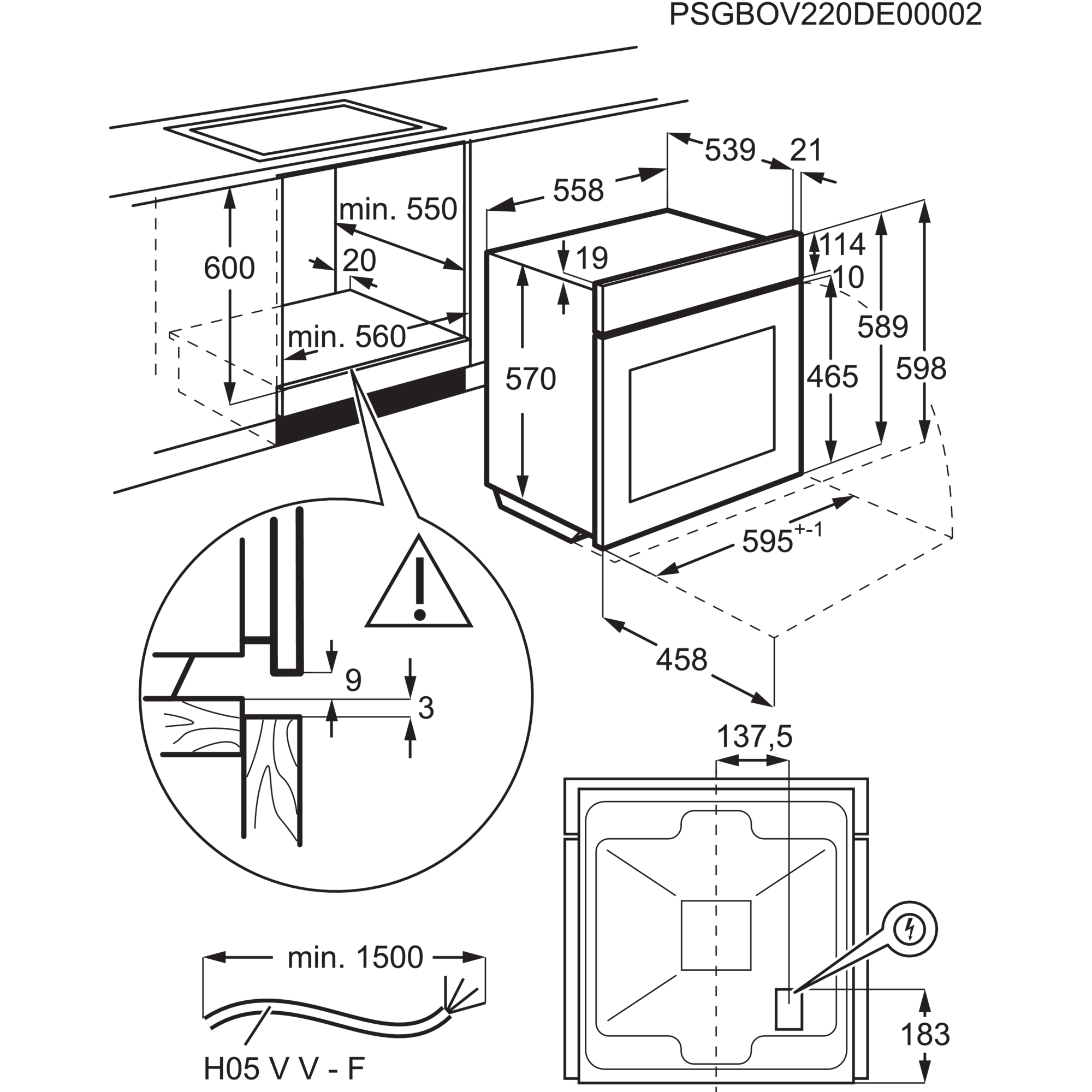 Diagramm eines Ofens mit Maßangaben in mm. Enthält Draufsicht, Details zum elektrischen Anschluss und eine Einlage mit einem Warnsymbol.