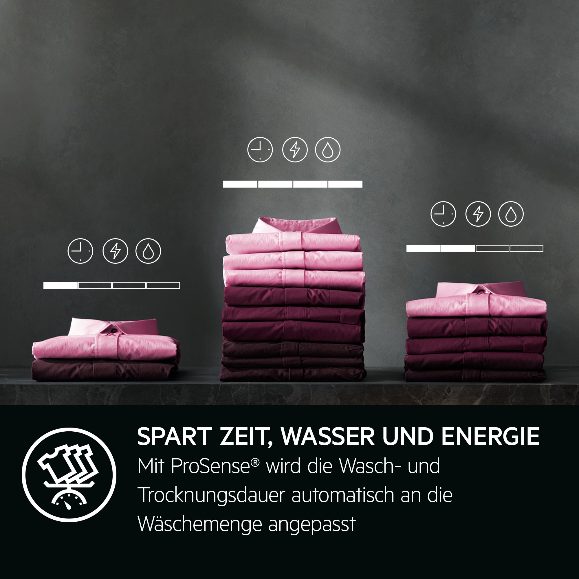 Das Bild zeigt gestapelte rosa Hemden. Symbole für Zeit, Energie und Wasser befinden sich darüber. Text: 'Spart Zeit, Wasser und Energie'.