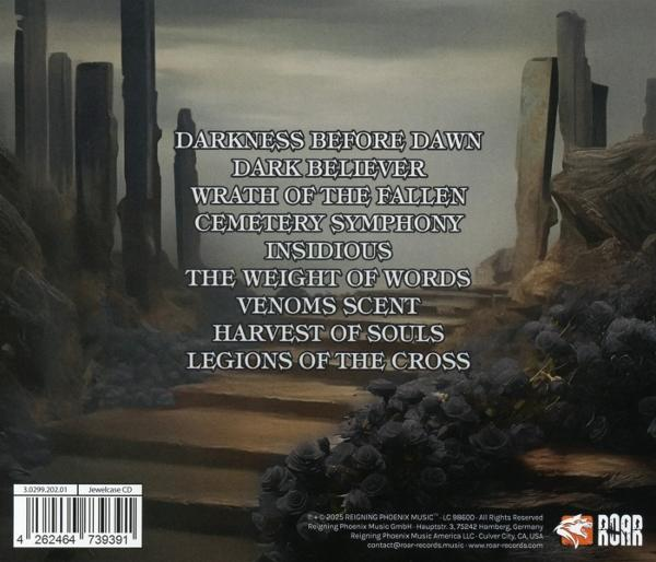 Albumcover-Artwork. Dunkles, gotisches Thema. Enthält Songtitel, einen Barcode und ein Logo.