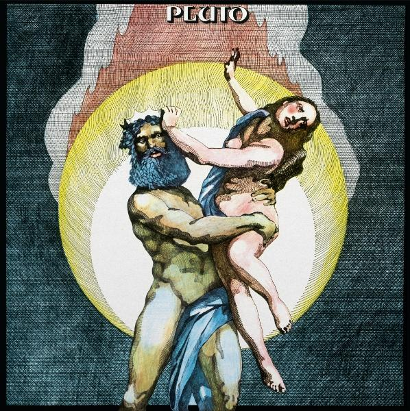 Illustration von Pluto, der eine Frau trägt. Pluto hat einen Bart und eine Krone. Die Frau greift nach oben. Der Hintergrund hat einen hellen Kreis.