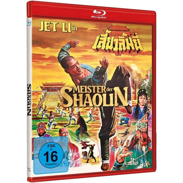 Blu-ray-Cover mit Jet Li. Er tritt. Der Titel lautet "Meister der Shaolin". Weitere Charaktere und Tempel im Hintergrund.