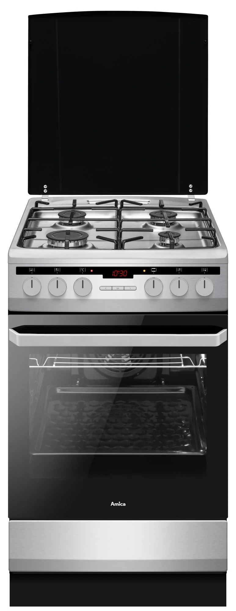 Srebrna kuchenka Amica z czarną szklaną pokrywą i drzwiami piekarnika. Ma cztery palniki i zegar cyfrowy.