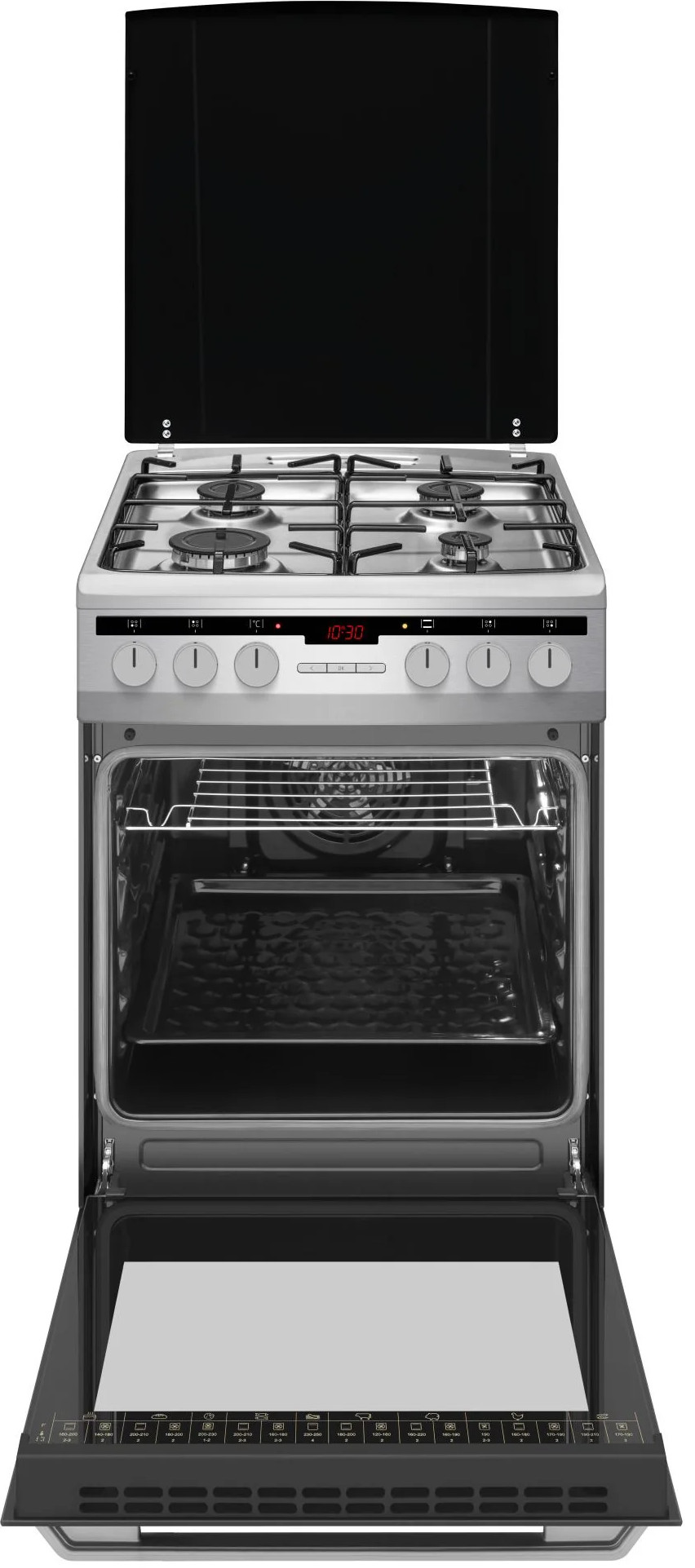 Srebrno-czarna kuchenka gazowa z otwartymi drzwiami piekarnika. Posiada cztery palniki, zegar cyfrowy i otwarty piekarnik.
