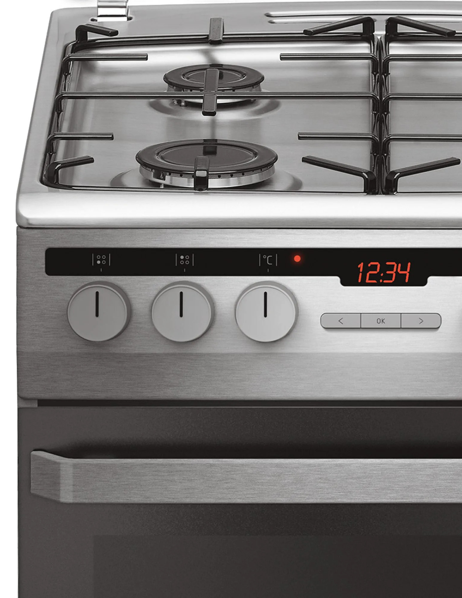Kuchenka gazowa ze stali nierdzewnej z palnikami, pokrętłami, wyświetlaczem cyfrowym 12:34 i uchwytem piekarnika.