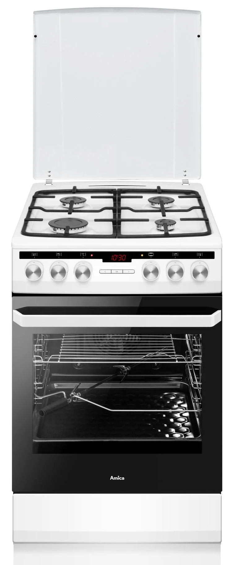 Biała kuchenka gazowa Amica z otwartą górą. Posiada cztery palniki, zegar cyfrowy i piekarnik z przeszklonymi drzwiami.