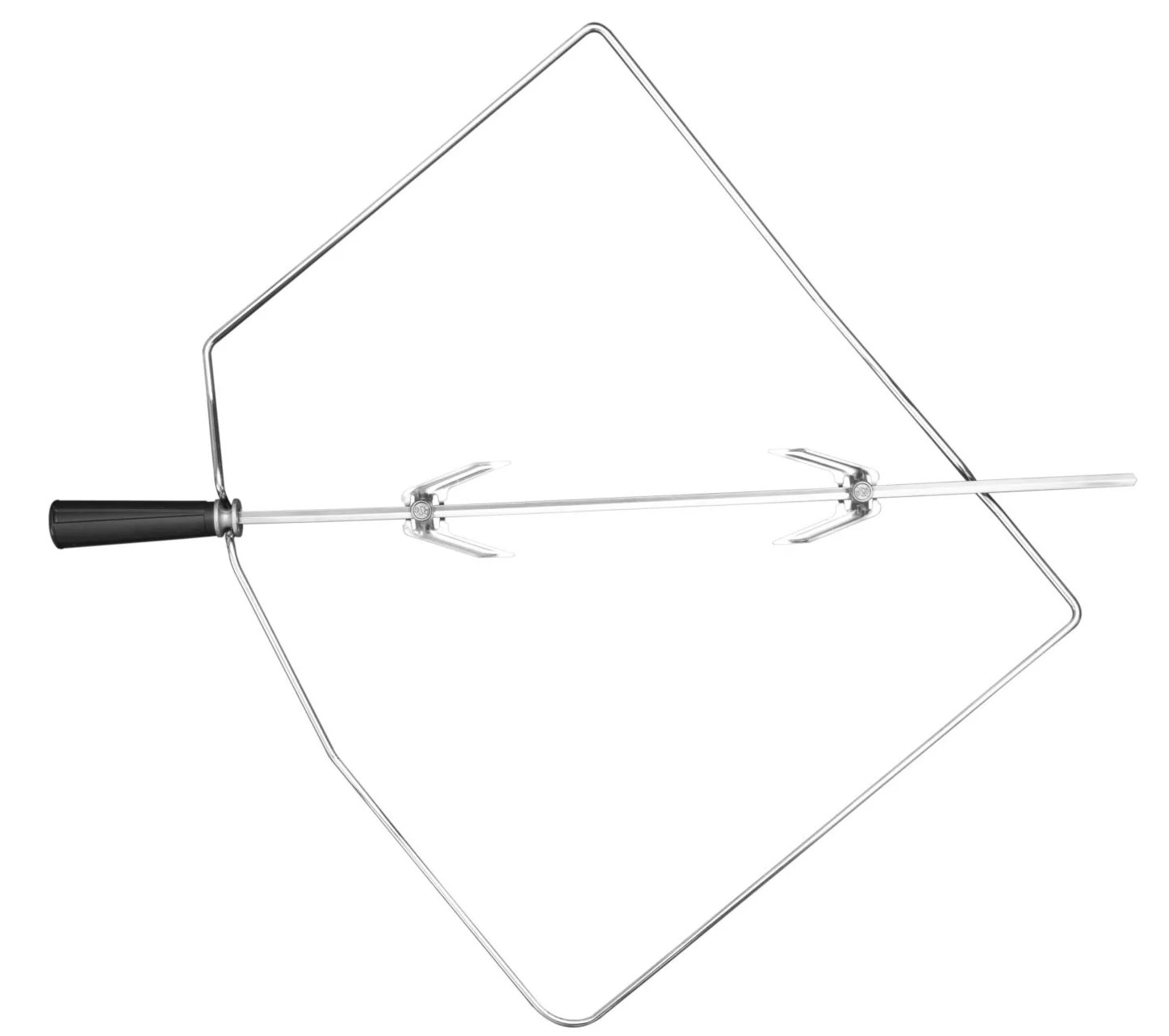 Stalowa obrotowa przystawka. Ma kwadratową ramę, szpikulec z widelcami do mięsa i czarny uchwyt po lewej stronie.