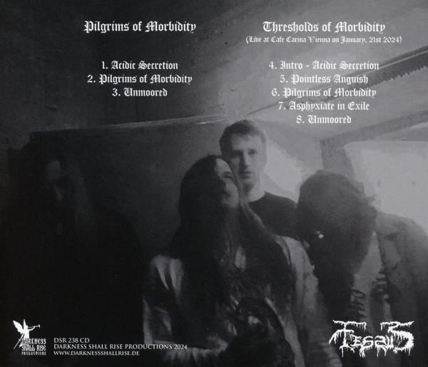 Albumcover mit Songtiteln und Bandmitgliedern in einem Graustufenbild.