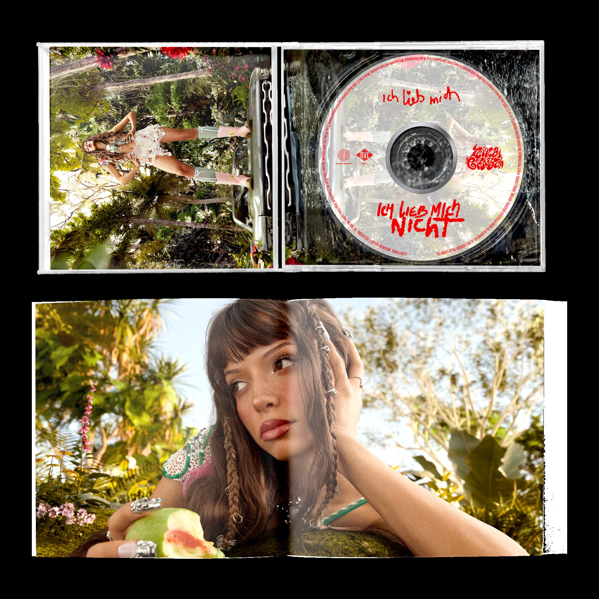 CD-Cover mit Frau in Dschungel, Nahaufnahme einer Frau, die Obst isst.