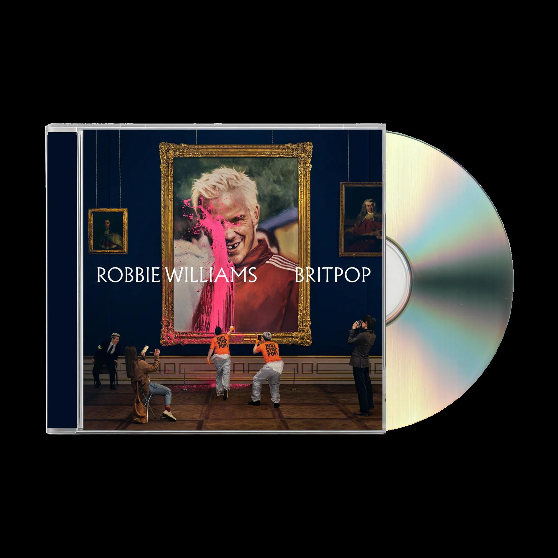 CD-Cover mit einem Gemälde von Robbie Williams, das mit rosa Farbe bespritzt wurde, umgeben von Menschen und den Worten ROBBIE WILLIAMS BRITPOP.