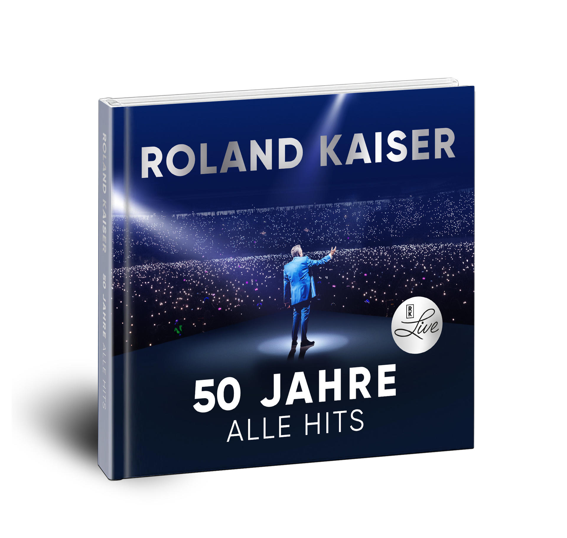 CD-Cover von Roland Kaiser. Ein Mann im blauen Anzug auf der Bühne, Publikum mit Lichtern im Hintergrund. Text: 50 Jahre Alle Hits.