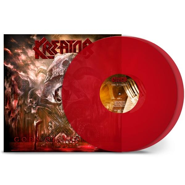 Eine rote Schallplatte neben einem Kreator-Albumcover. Das Cover zeigt einen Schädel und den Titel 'Gods of Violence'.