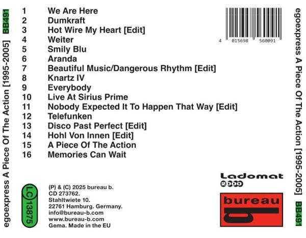 CD-Cover mit Titelliste, Barcode und Firmenlogos. Der Titel lautet 'egoexpress A Piece Of The Action'.