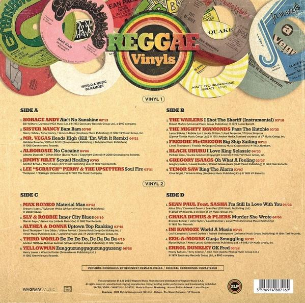 Albumcover von Reggae Vinyls mit Schallplatten und Titellisten. Mit Künstlern wie Horace Andy, The Wailers und Sean Paul.