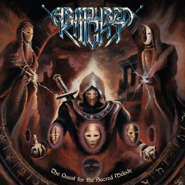 Albumcover mit vermummten Figuren, Masken und einer zentralen Kapuzenfigur mit einem Schwert. Der Titel "Armoured Knight" steht oben.