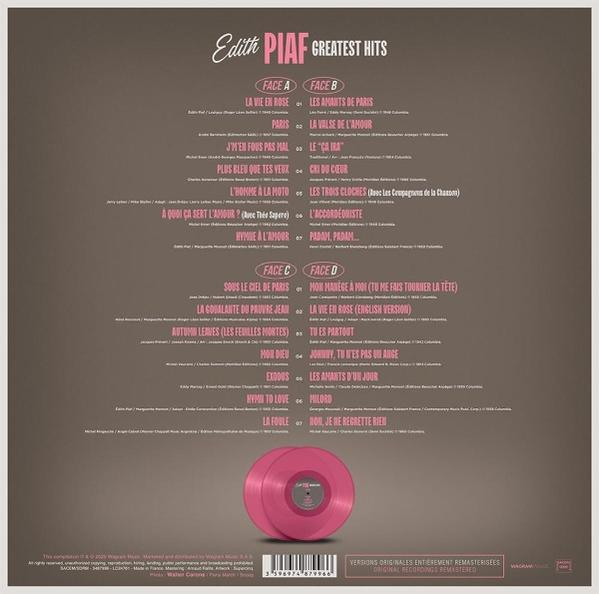 Rosa Vinylplatte von Edith Piafs Greatest Hits. Albumcover mit Songtiteln und einem Foto des Künstlers.