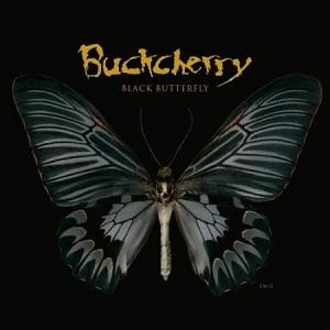 Schwarzer Schmetterling mit grauen und weißen Mustern, zentriert auf schwarzem Hintergrund. Der Bandname Buckcherry steht oben.