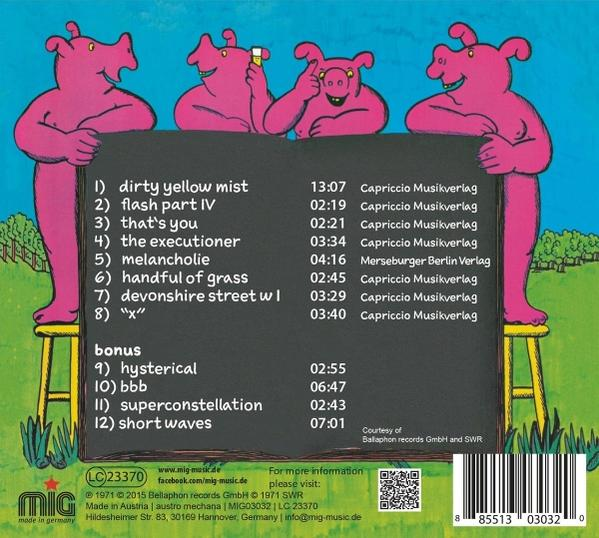 Albumcover mit rosa Schweinefiguren, die eine Tafel mit Songtiteln und Zeiten halten. Der Hintergrund ist blau und grün.