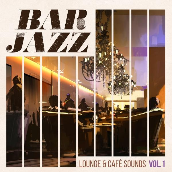 Bar-Jazz-Cover. Zeigt eine Barszene mit Menschen, einem Kronleuchter und dem Text: Lounge & Café Sounds Vol.1.