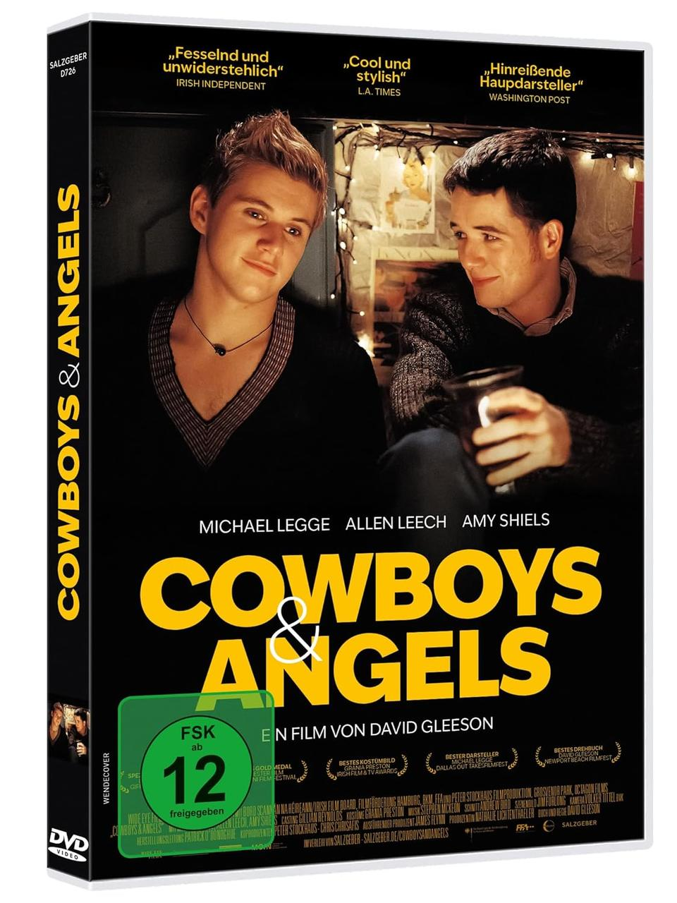 DVD-Cover für "Cowboys & Angels". Zwei Männer auf dem Cover, Titel in Gelb. Zitate und Auszeichnungen vorhanden.