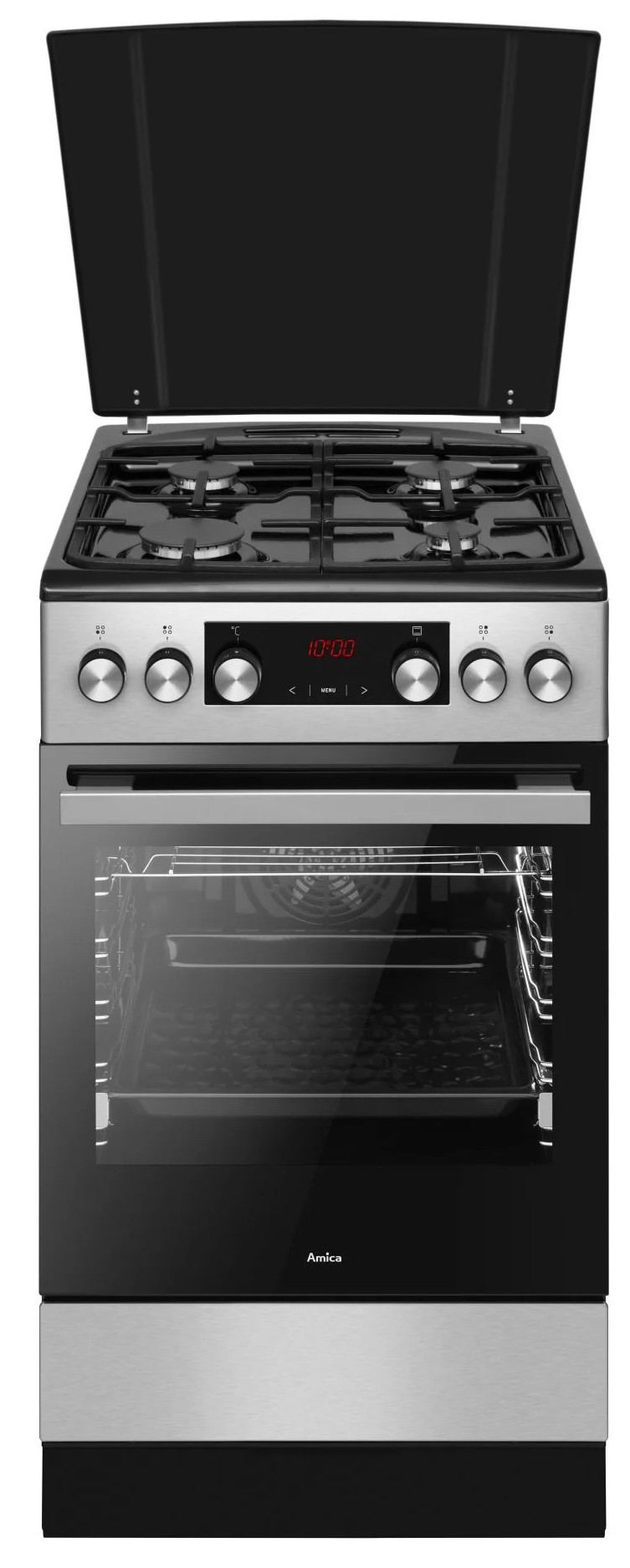 Nowoczesny piekarnik ze stali nierdzewnej z czarnymi szklanymi drzwiami. Płyta grzewcza ma cztery palniki. Piekarnik wyświetla 10:00.