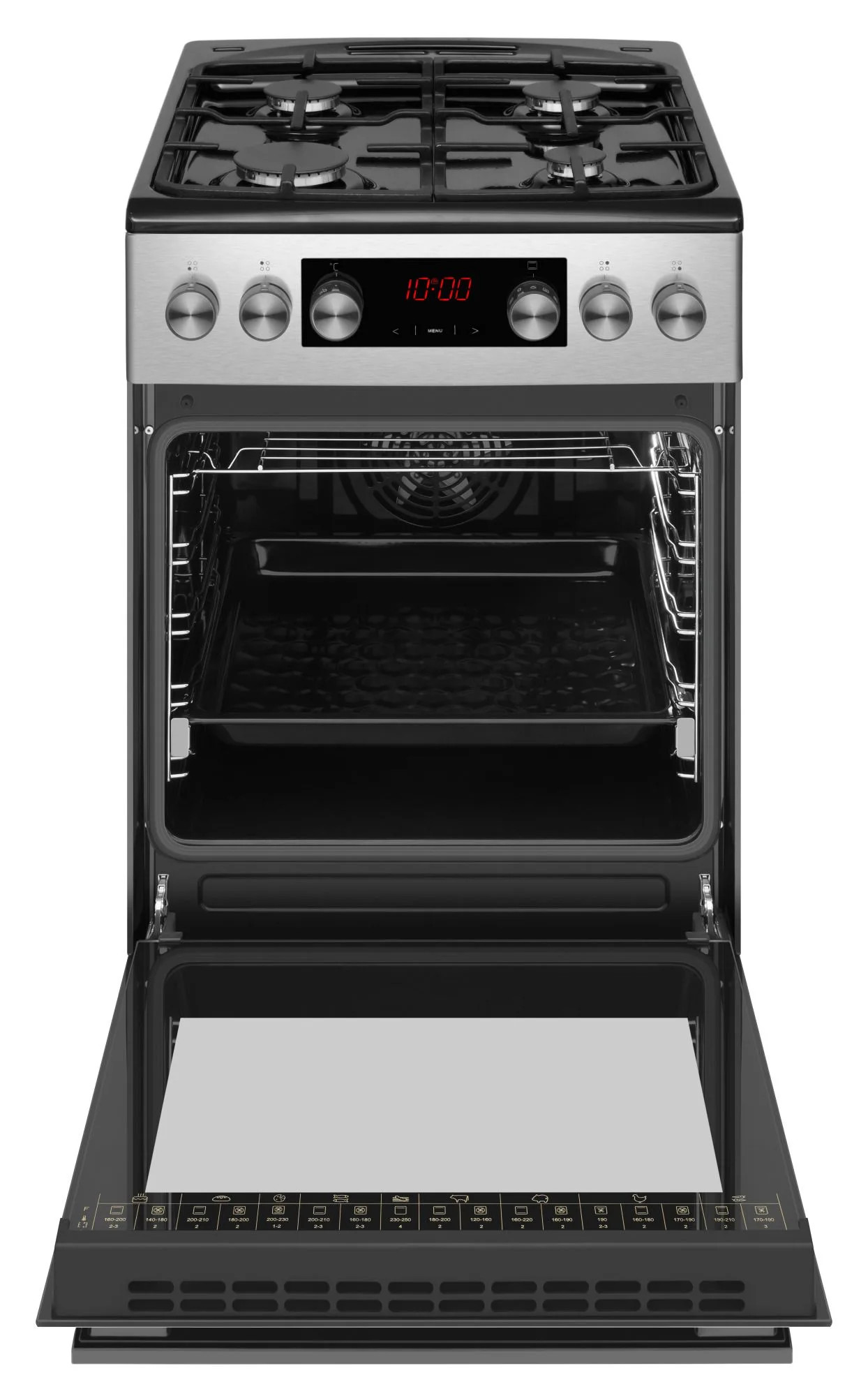 Piekarnik ze stali nierdzewnej z otwartymi drzwiami. Wyświetla 10:00 na wyświetlaczu cyfrowym. Piekarnik ma czarny blat z czterema palnikami.