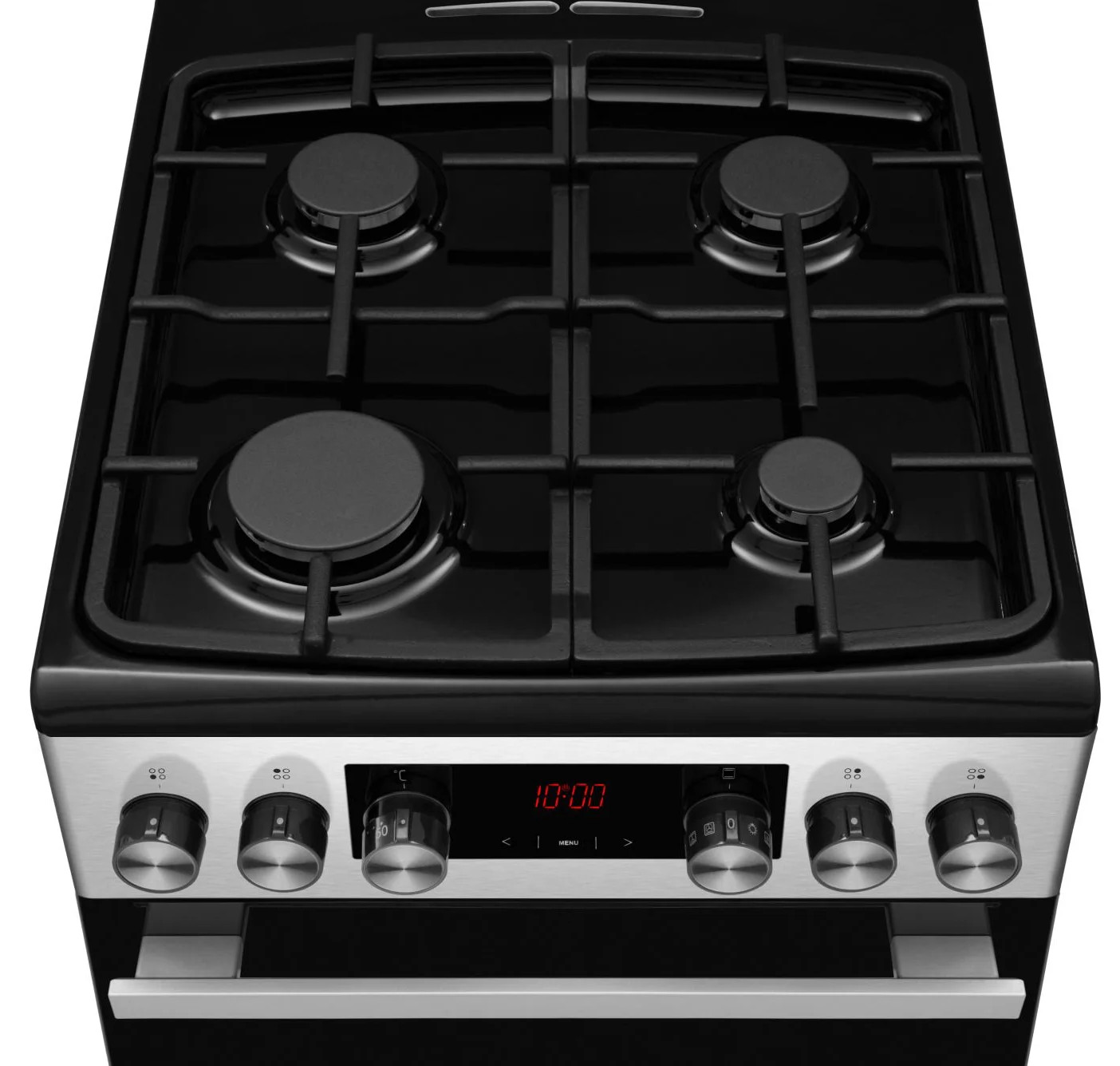 Czarna płyta kuchenna z czterema palnikami. Poniżej panel ze stali nierdzewnej z pokrętłami i zegar cyfrowy pokazujący 10:00.