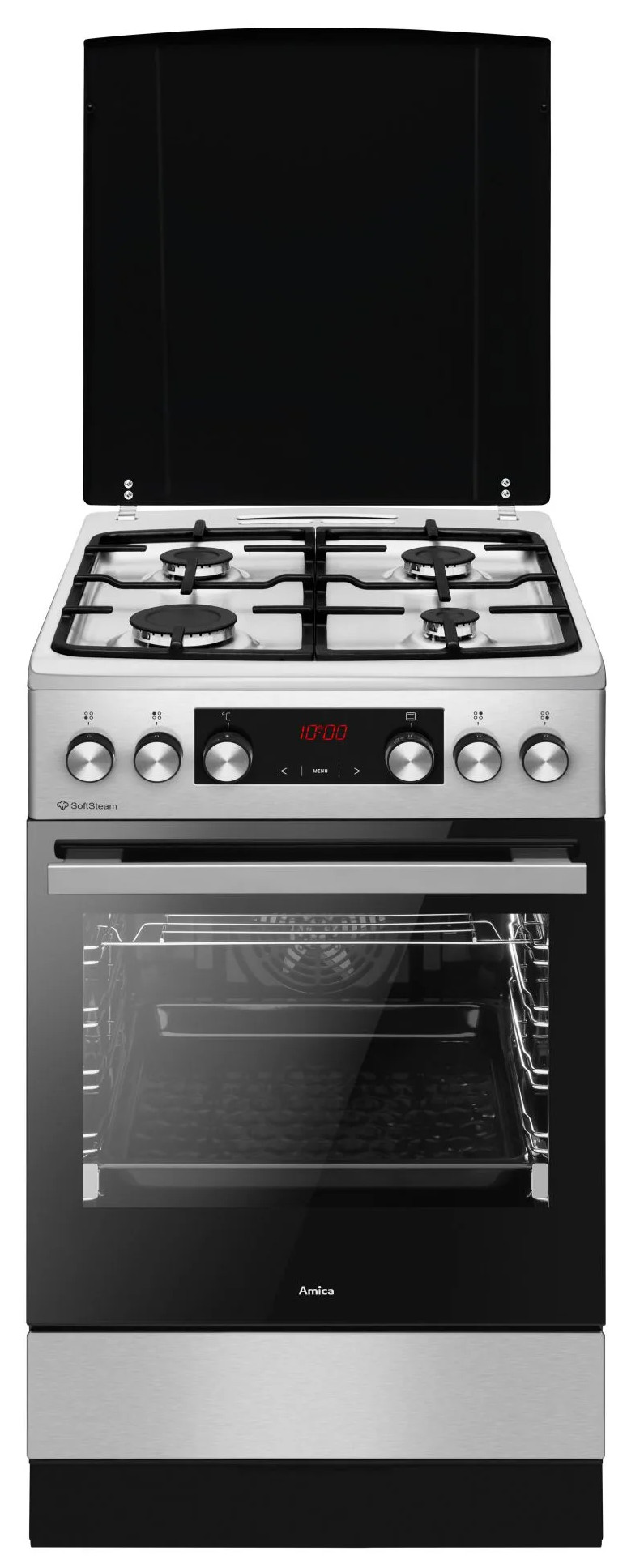 Kuchenka gazowa ze stali nierdzewnej z czterema palnikami, czarnym szklanym blatem i piekarnikiem z szklanymi drzwiami. Marka to Amica.