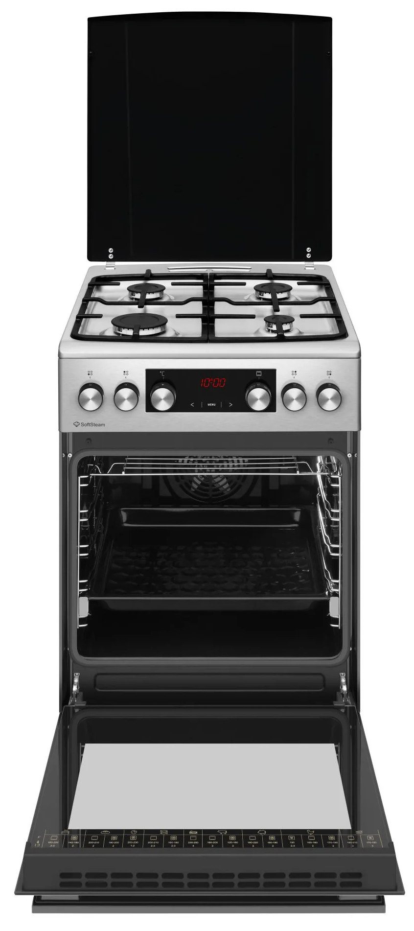 Piekarnik ze stali nierdzewnej z otwartymi drzwiami. Piekarnik ma czarną szklaną górę i cyfrowy wyświetlacz.