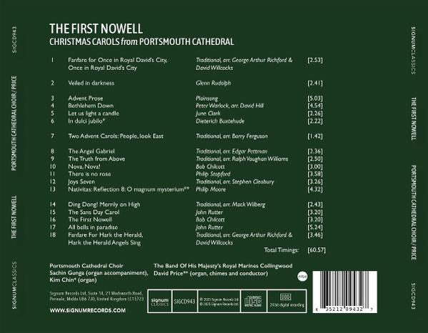 CD-Cover mit dem Titel 'The First Nowell', Weihnachtslieder aus der Kathedrale von Portsmouth. Dunkelgrüner Hintergrund, weißer Text.