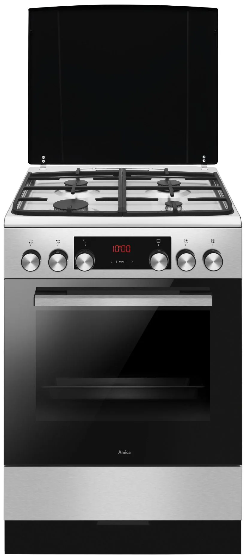 Piekarnik Amica ze stali nierdzewnej z czarnymi szklanymi drzwiami, czterema palnikami i cyfrowym zegarem 10:00.