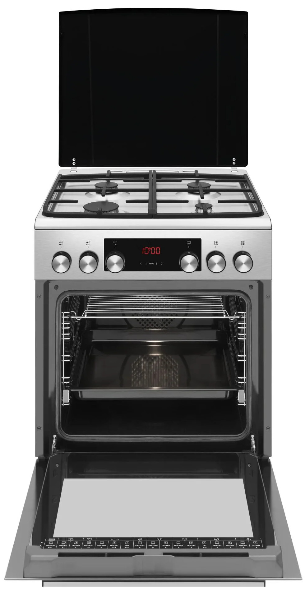 Srebrny i czarny piekarnik gazowy z otwartymi drzwiami piekarnika, płytą grzewczą i cyfrowym wyświetlaczem zegara. Piekarnik pokazuje godzinę.