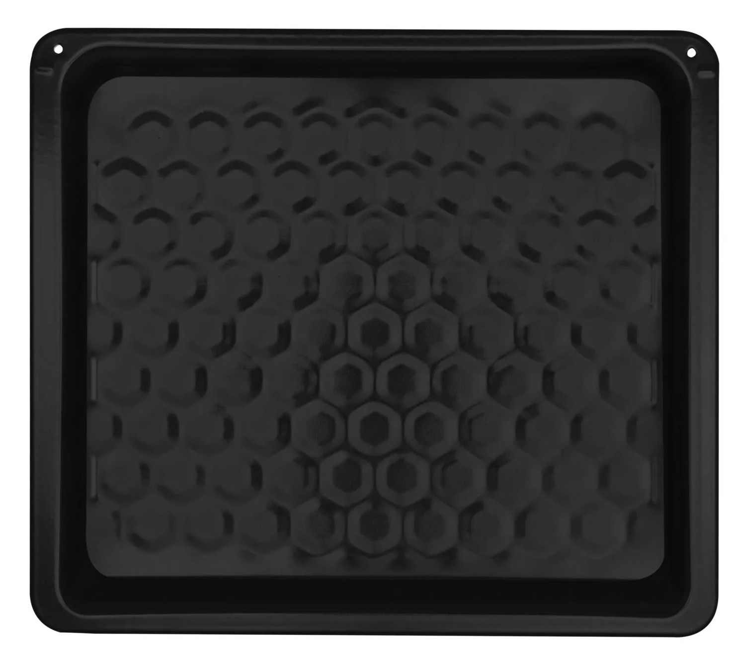 Czarna blacha do pieczenia z wzorem plastra miodu i podwyższoną krawędzią. Jest pusta i wygląda na nieużywaną.